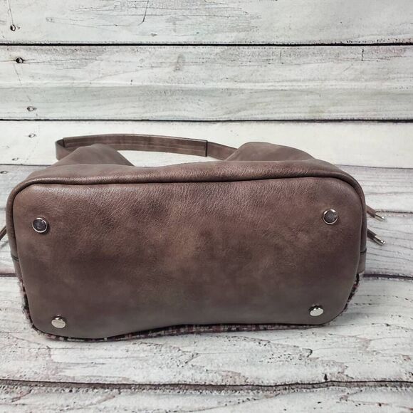Coco + Carmen Vegan Leather & Tweed Shoulder Bag – Brown/Pink Plaid Purse Tote - Picture 6 of 16
